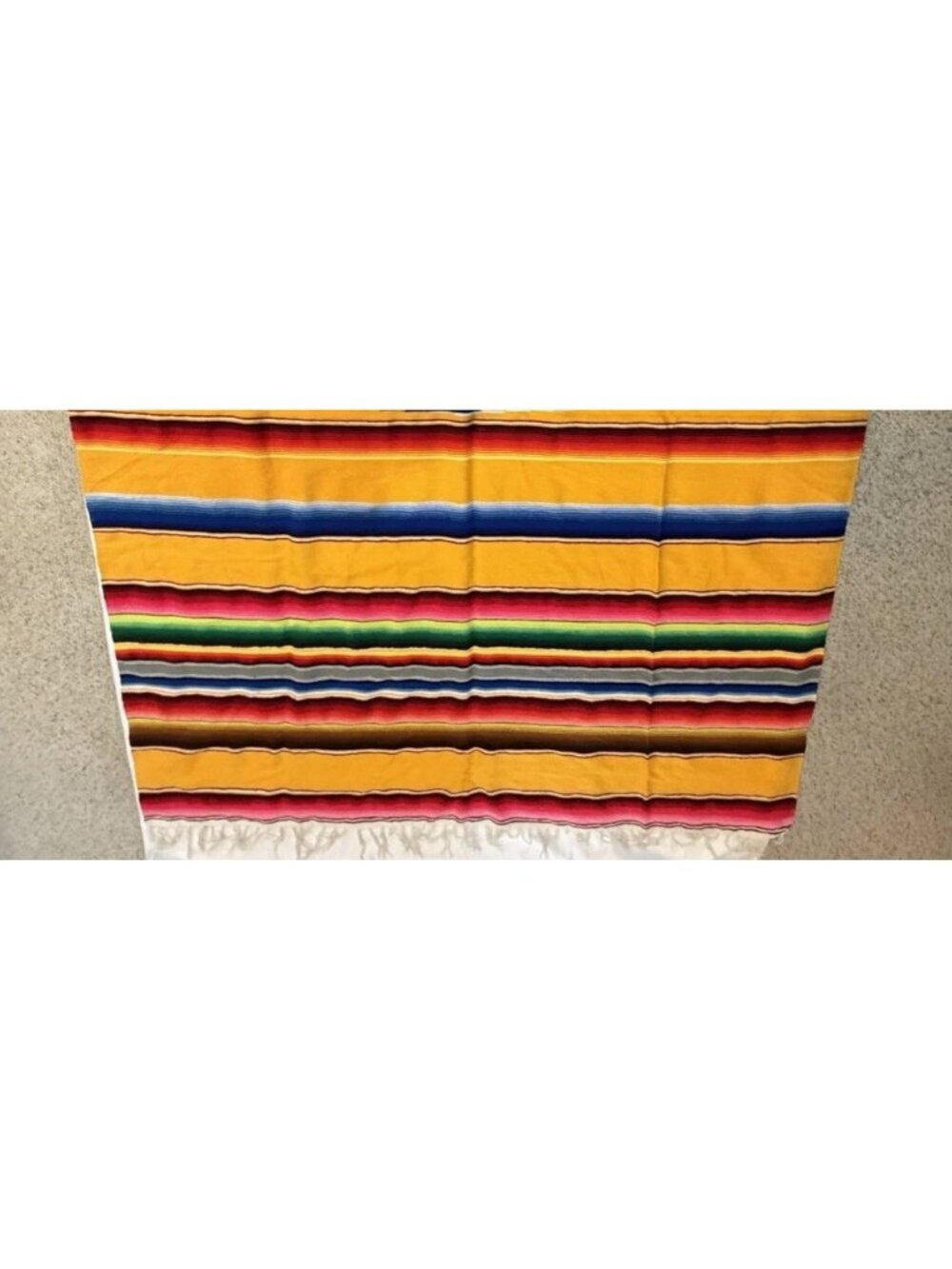 Vintage 80s Yellow Mexican Serape Blanket Colorful Stripes Boho Fringe 82" x 60 - Picture 15 of 16